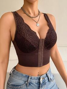 Myrelith 女款蕾絲拼接休閒百搭日常穿著上衣 - 棕色 - 查看 1