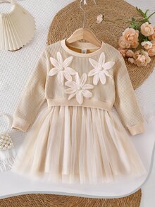 SHEIN Toddler Girls Set Polyester Round Neck Long Sleeve Botanical Ruffle Patchwork Short A-Line Loose Fit Princess Dress Fall Khaki - Khaki - View 7