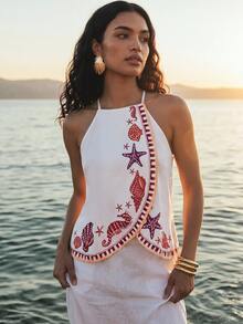 CAJUNI Top With Wrap-Style Front And Halter Neck, Sea Element Print. - White - View 6