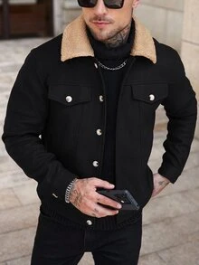 Manfinity Homme English:2026 Spring Summer Men's Black Wool‑Blend Trucker Jacket, Regular‑Fit Coat With Khaki Shearl - Black - View 6