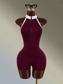 Amplova Women's Colorblock Backless Halter Neck Athletic Romper - Burgundy - View 4