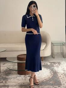 Modelyn POLO Collar Button-Up Slim Fit Waist-Cinching Navy Blue Short Sleeve 2 Pieces Knit Sweater Set - Royal Blue - View 7