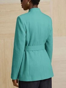 Aveloria Modichic 小立領粗花呢單排釦金屬鈕扣裝飾繫腰工裝夾克 - 藍色 - 查看 2