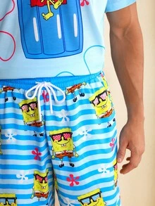 SpongeBob SquarePants | SHEIN Men's Cartoon Print Top And Shorts Loungewear Set - Baby Blue - View 6