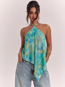 SHEIN BAE Top de tirantes con cuello halter y dobladillo asimétrico para mujer, estilo casual minimalista bohemio elegante romántico vintage con estampado, atuendo para ir al trabajo, festival de música, playa, vacaciones, atuendo de verano para mujer - Multicolor - Ver 4