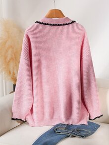 CosyJoli Plus Size Soft Pink Polo Collar Knit Sweater Women Autumn/Winter Contrast Color Trim Loose Ribbed Slouchy Pullover Top Graduation Home Wear Formal Casual Elegant - Pink - View 3