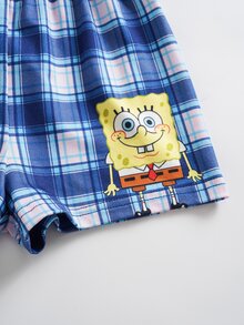 SpongeBob SquarePants | SHEIN 男嬰卡通印花上衣與格紋短褲家居服套裝 - 黃色 - 查看 7