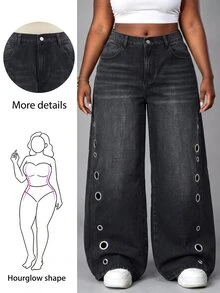 SHEIN MOD Plus Size Women's Casual Versatile Daily Travel Denim Jeans With Pocket, Button And Eyelet Decor - Black - View 1