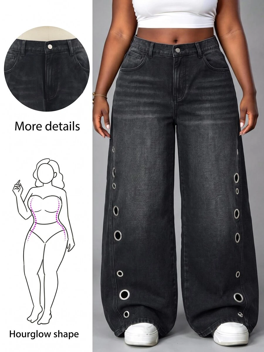 SHEIN MOD Plus Size Women's Casual Versatile Daily Travel Denim Jeans With Pocket, Button And Eyelet Decor - Black - View 1