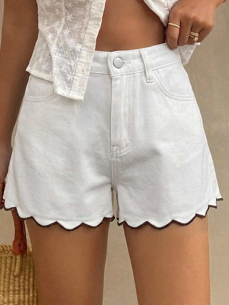 DAZY 夏季休閒撞色刺繡飾邊牛仔短褲 - 白色 - 查看 1