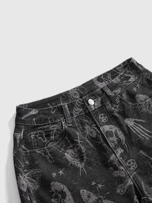 ROMWE Dark Gray Gothic Skull All-Over Print Slim Fit Stretch Denim Mid-Length Pants For Women - Dark Grey - View 3