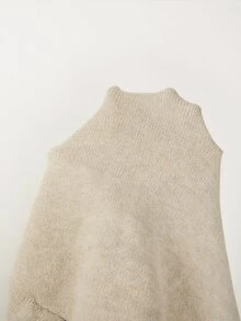 SHEIN V領菱格提花針織長袖落肩寬鬆套頭上衣 - 卡其色 - 查看 4