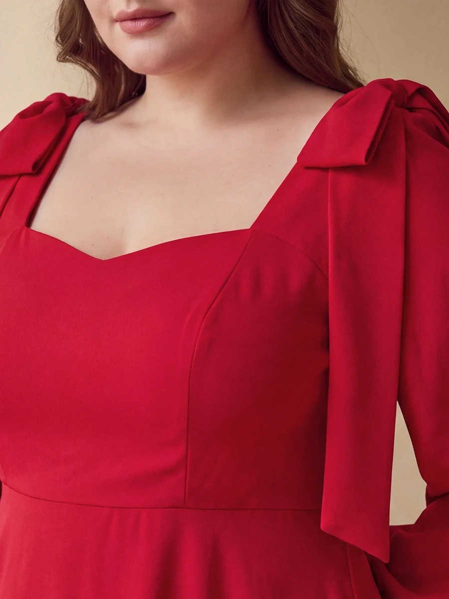 MOTF PREMIUM PLUS SIZE WOMEN'S BOWKNOT DECOR SWEETHEART NECKLINE TOP FALL - Red - View 2