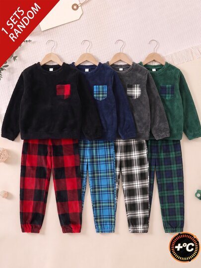 SHEIN Boys' Comfortable Plaid Fleece Long Sleeve Top And Pants 2 Pieces Pajama Set, Suitable For Autumn/Winter, Christmas Party