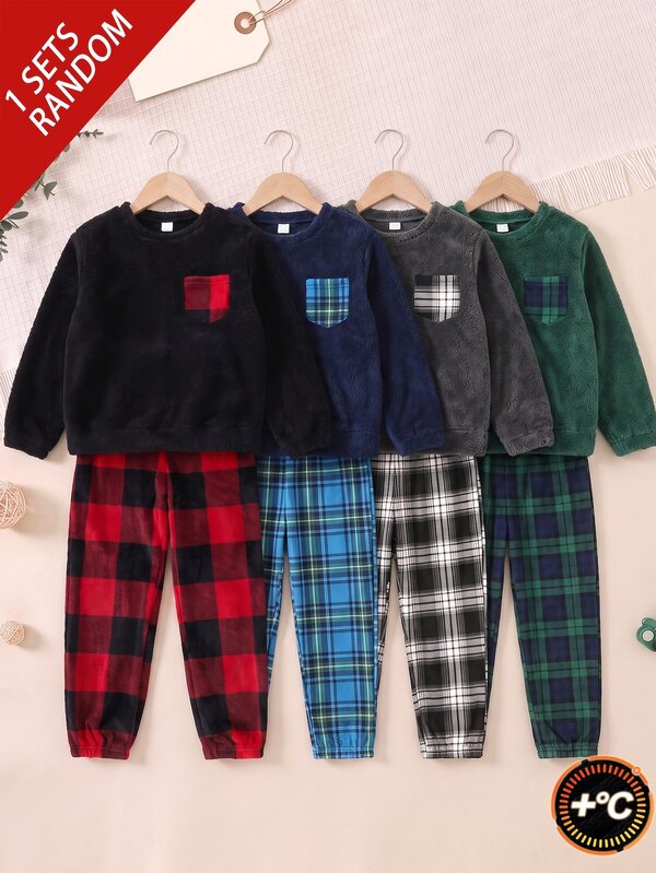 SHEIN Boys' Comfortable Plaid Fleece Long Sleeve Top And Pants 2 Pieces Pajama Set, Suitable For Autumn/Winter, Christmas Party