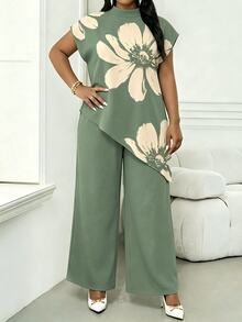 SHEIN Lady Plus Size Women's Floral Print Stand Collar Asymmetric Hem Blouse - Green - View 3