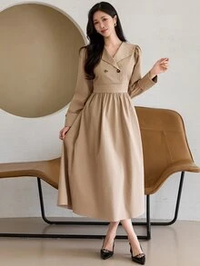DAZY Women's Solid Color Double-Breasted Puff Long Sleeve Elegant Mid-Length Dress Fall - Apricot - View 1