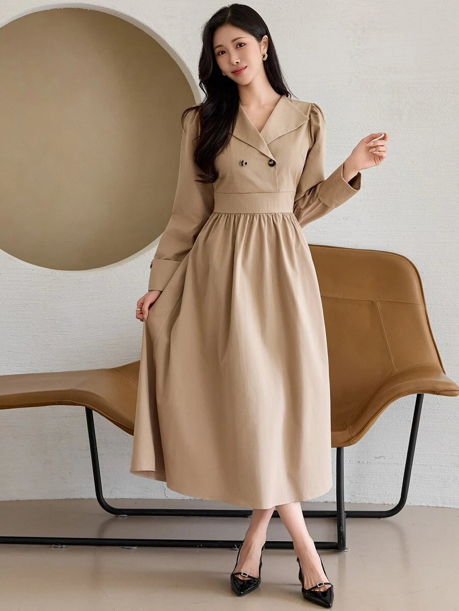 DAZY Women's Solid Color Double-Breasted Puff Long Sleeve Elegant Mid-Length Dress Fall - Apricot - View 1