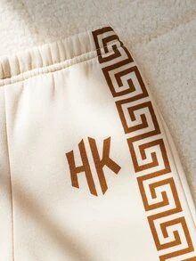 SHEIN 男嬰歐美風字母印花拼色長袖圓領落肩加厚鬆緊腰運動衫與運動褲套裝，休閒日常，秋冬款 - 杏色 - 查看 7