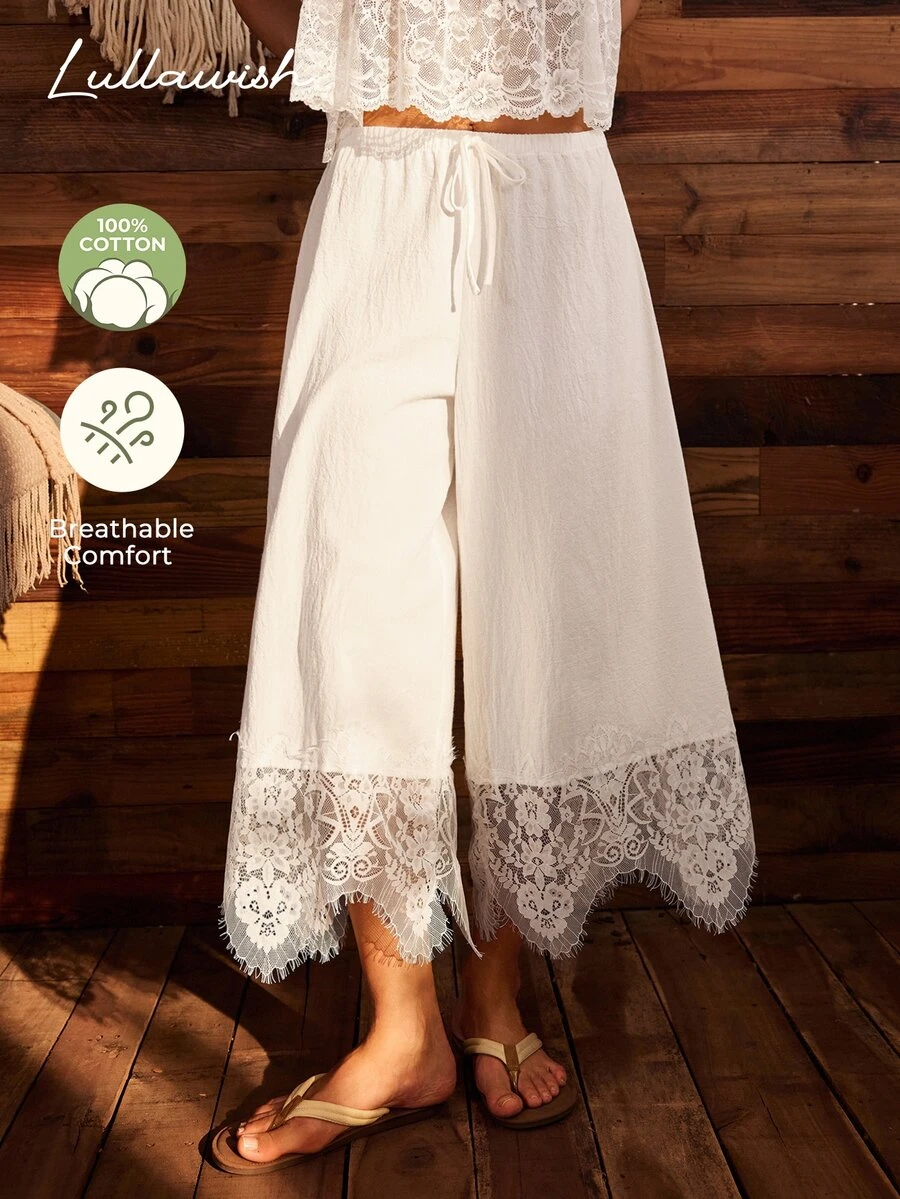 Lullawish Women's Solid Color Waist Tie Contrast Lace Wide Leg Pajama Pants - White - View 1