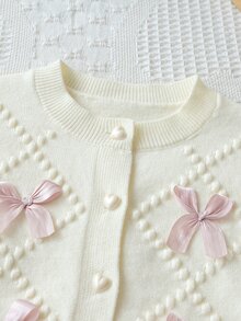 Souflis Souflis 6個月至3歲女嬰奶油色鑽石泡泡紋理針織開襟短外套，配淺粉色緞面蝴蝶結愛心鈕扣 + 粉色直條紋A字百褶短裙 2件套，柔軟溫和春秋針織套裝，適合生日、旅行 - 粉色 - 查看 3