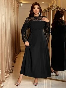 Reflora Gaun Ukuran Besar Elegan Formal Kasual Elegan Pesta Malam Formal Koktail Formal Renda Patchwork Dekorasi Rhinestone Hitam Musim Dingin Hitam Musim Gugur - Hitam - View 4