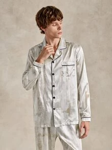 EverLounge Unisex Light Brown Ink Print Satin Long Sleeve Loose Fit Lounge Top For Men - Coffee Brown - View 4