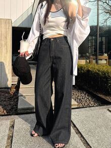 DAZY 女款寬鬆高腰修身直筒牛仔褲，極簡百搭舒適落地長褲 - 黑色 - 查看 3
