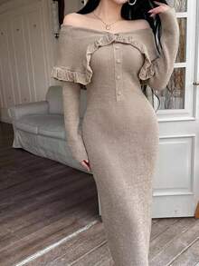 DAZY Women's Solid Color Off-Shoulder Long Sleeve Button Half-Placket Fitted Elegant Knit Dress Fall - Khaki - View 1