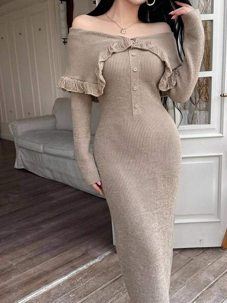 DAZY Women's Solid Color Off-Shoulder Long Sleeve Button Half-Placket Fitted Elegant Knit Dress Fall - Khaki - View 1