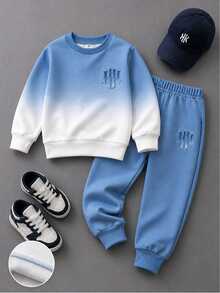 Boys' (Small) Sweatshirt Set, Crew Neck Sweatshirt With Blue-White Gradient Effect, Transitioning From Light Blue To Beige White From Top To Bottom, 3D Logo On Left Chest, Ribbed Cuffs And Hem, Solid Light Blue Sweatpants With Matching Logo On Side, Ribbed Cuffed Ankles - Multicolor - View 3