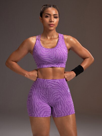Powerista Women's Summer And Spring Stylish Purple Seamless Zebra Print Workout Set With Strappy Back Sports Bra And Cycling Shorts Suitable To Sport And Gym