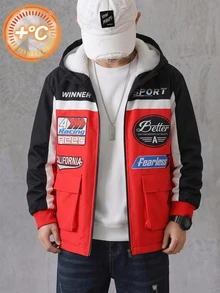 Big Boys Winter Hooded Racing Jacket Red Black Color Block Patch Letter Print Fleece Lined Zip Up Outerwear For Sports Outdoor Daily - Red - View 3