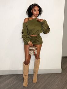 BamGleam Solid Color Asymmetric Collar Top And Skirt 2 Pieces Set - Army Green - View 5