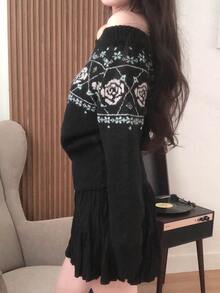DAZY Women's Autumn/Winter Off-Shoulder Fair Isle Vacation Style Sweater - Black - View 5