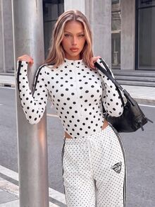 SHEIN ICON 女款波點印花長袖前拉鍊休閒連身衣 - 藍色 - 查看 3