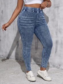 SHEIN MOD Plus Size Women's Elastic Waist Skinny Casual Versatile Denim Jeans - Medium Wash - View 5