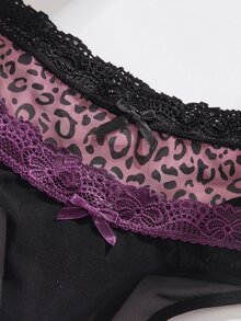 SHEIN Y2K Shibuya Style Leopard Print Mesh & Lace Patchwork Women's Narrow Waistband Panties 3pcs/Pack - Multicolor - View 5