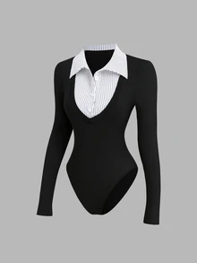 Selianne French Sweet & Spicy Minimalist Sexy Style Sexy Slimming 2 In 1 Striped Patchwork Long Sleeve Bodysuit - Black and White - View 3