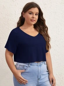 SHEIN BASICS 大尺碼純色V領短版T恤 女款夏季上衣 夏日穿搭 - 藏蓝色 - 查看 5
