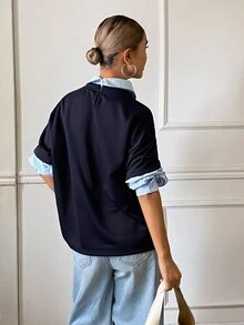 DAZY Women's Loose Letter Print 2 In 1 Long Sleeve Collared Casual Streetwear Vacation Sweatshirt, Spring/Autumn - Blue - View 6