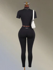 Amplova-E Women's Black Stand Collar Short Sleeve Slim Fit Knit Jacket + Tight Base Layer Long Straight Leg Sports Set Gym Workout Autumn Athleisure - Black - View 2