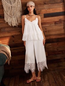 Lullawish Women's Patchwork Hollow Embroidery Camisole Sleepwear Top - White - View 5