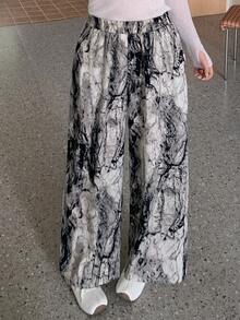 Dazy Plus Plus Size Women's Ink Painting Print Loose Casual Wide Leg Pants, New Early Autumn Style - Grey - View 6