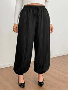 Shapeblank Plus-Size Women's Summer Casual Traditional Loose Slimming Textured Fabric Black Elastic Waist Lantern Pants Bottom Formal Office Dinner - Black - View 6