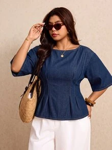 SHEIN MOD Plus Size Women Boat Neck 3/4 Sleeve Cinched Waist Denim Top - Dark Wash - View 5