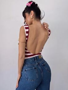 Firerie 女款條紋拼接露背休閒上衣 - 酒紅色 - 查看 7