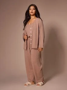 Lazeform Plus Size Textured Knit 3 PiecesLoungewear Set, Minimalist V-Neck Cardigan, Camisole And Pajama Pants - Khaki - View 4