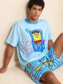 SpongeBob SquarePants | SHEIN Men's Cartoon Print Top And Shorts Loungewear Set - Baby Blue - View 4