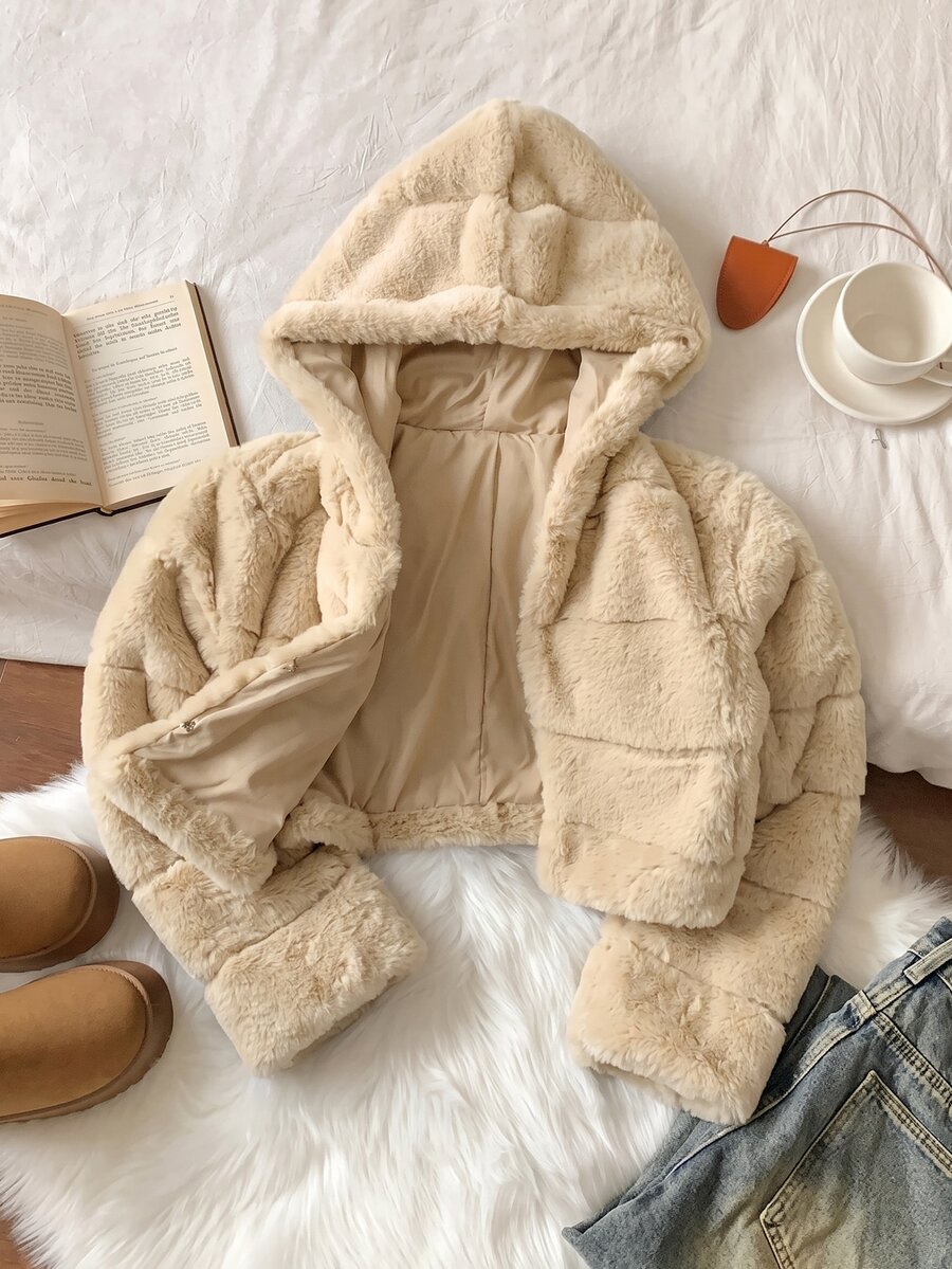 Comfortcana Women's Fashionable Solid Color Fleece Cropped Hooded Coat In Fall/Winter - Apricot - View 1
